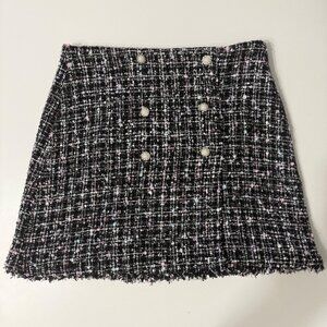 Bluivy Black & Pink Tweed Mini Skirt With Pearl Button Details Frayed Hem Lined